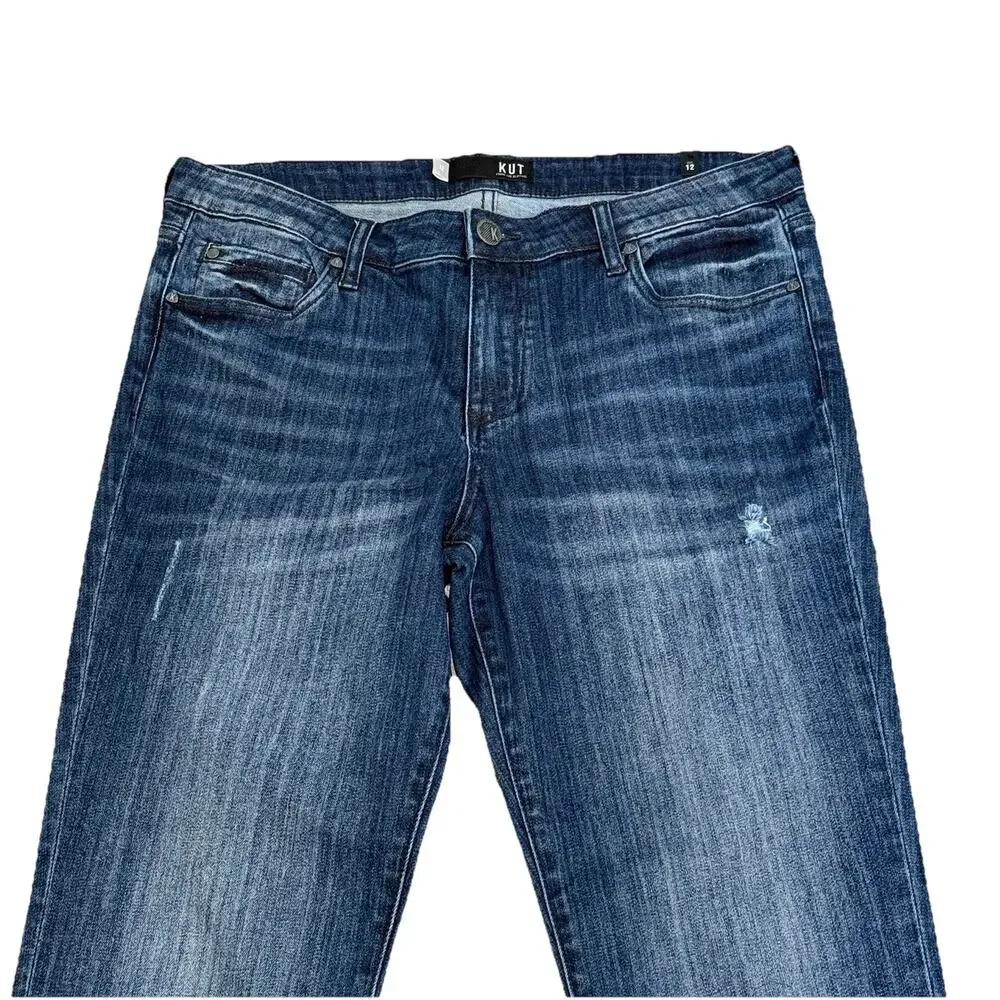 NEW KUT from the Kloth Catherine Boyfriend Jeans 12 Blue Dark Wash Distressed
